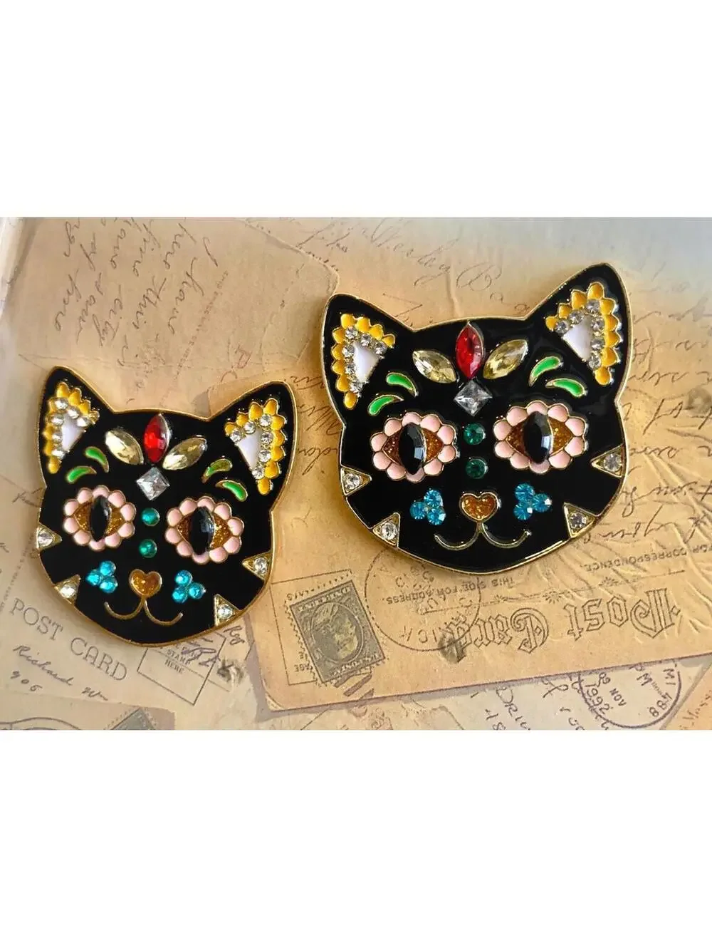 Vibrant Calavera Feline Studs - Enamel & Rhinestone Festival Cat Earrings